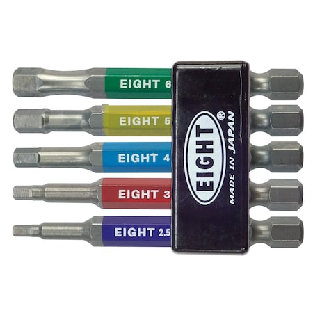 Eight Tool EX-IMPACT HIGH IMPACT HEX BIT 6.35MM SHANK 9MM GROOVE COLOR CODED SET, 5PC 2.5-6MM X 65MM OAL EA-610C-5S65